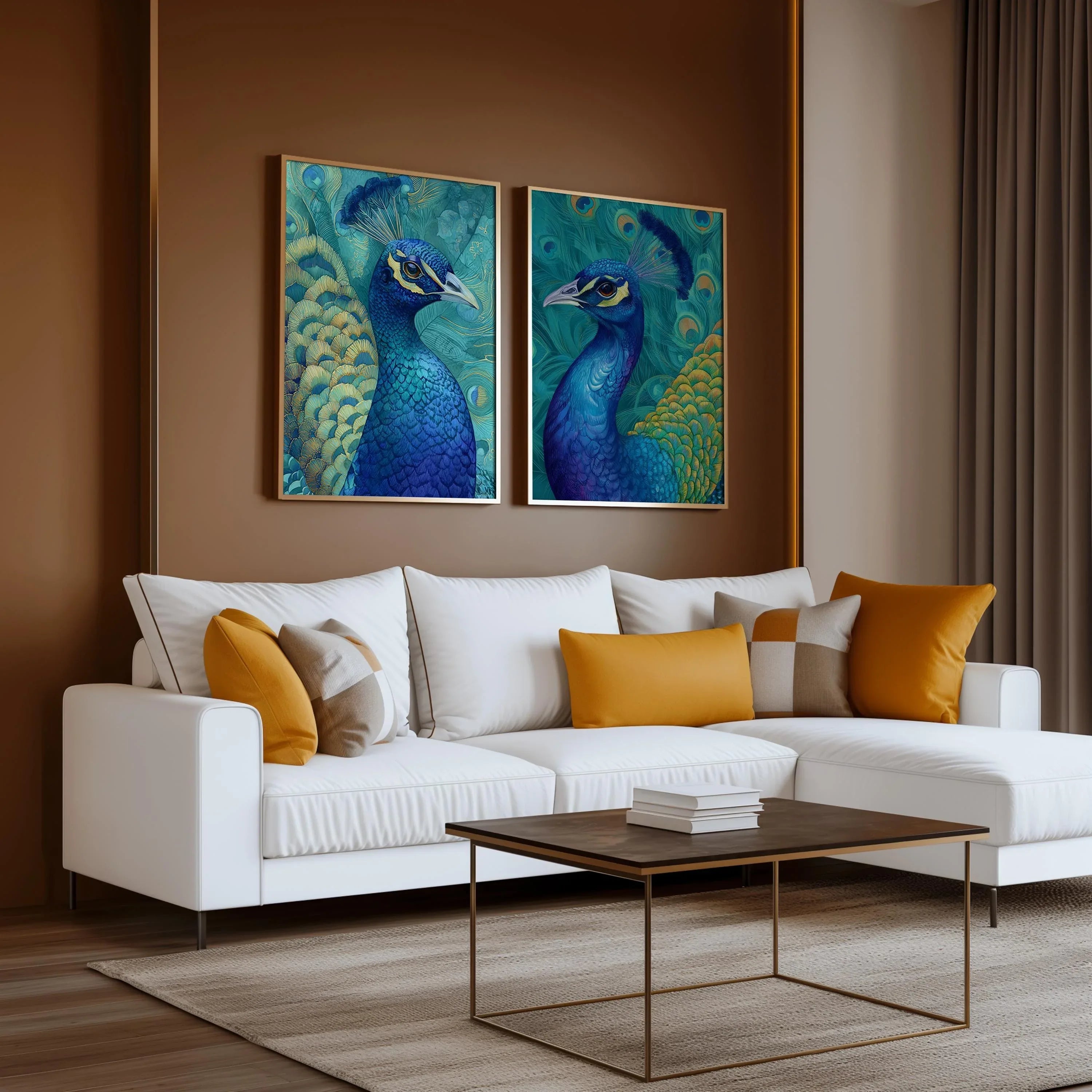 Peacock wall art set with teal blue and gold exotic feather detail in wooden frame