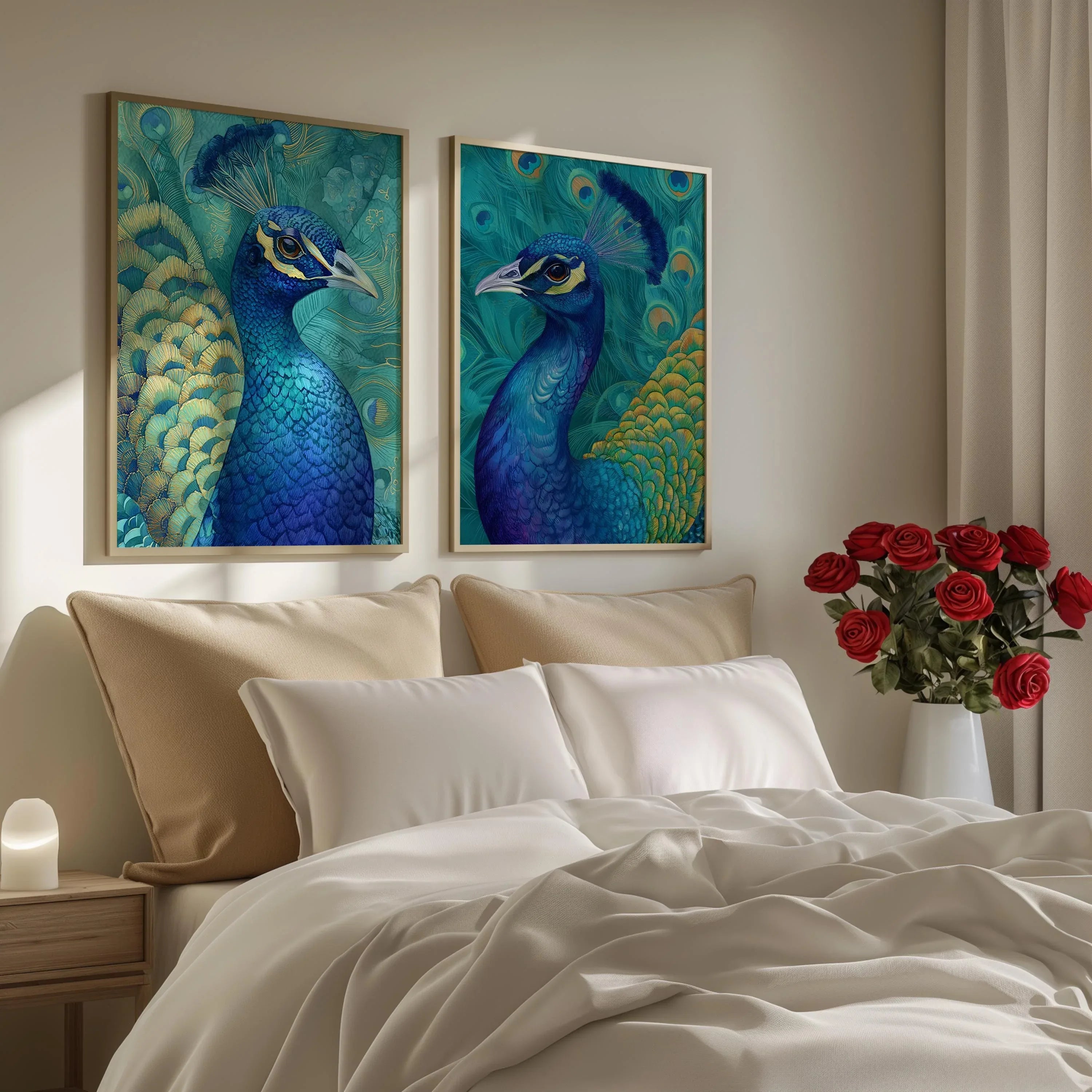 Peacock wall art set with teal blue and gold exotic feather detail in wooden frame