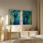Peacock wall art set with teal blue and gold exotic feather detail in wooden frame