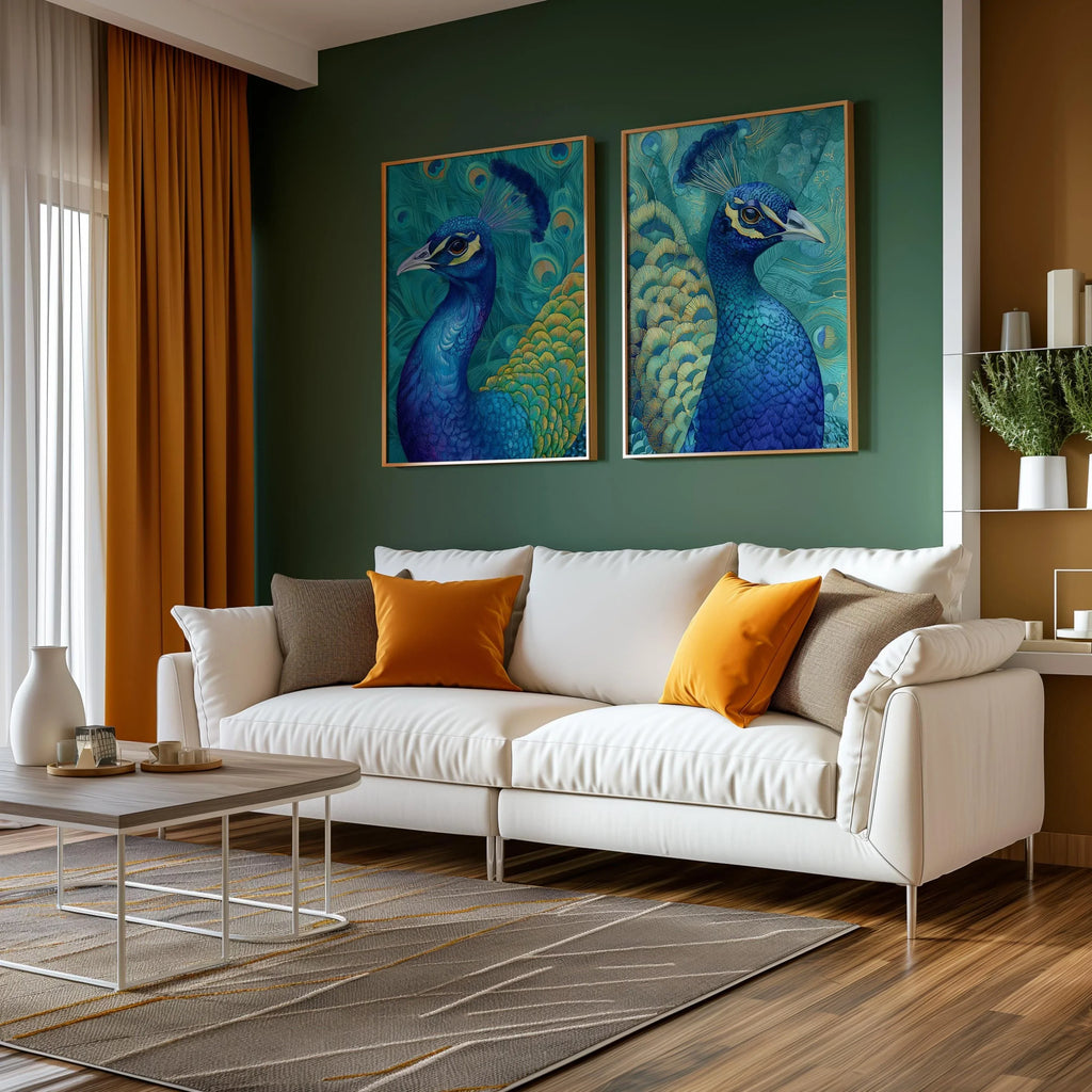 Peacock wall art set with teal blue and gold exotic feather detail in wooden frame