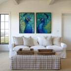 Peacock wall art set with teal blue and gold exotic feather detail in wooden frame