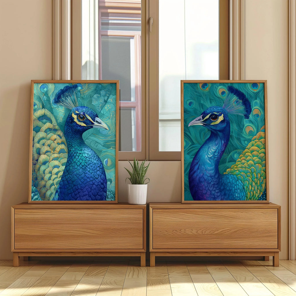 Peacock wall art set with teal blue and gold exotic feather detail in wooden frame