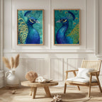 Peacock wall art set with teal blue and gold exotic feather detail in wooden frame