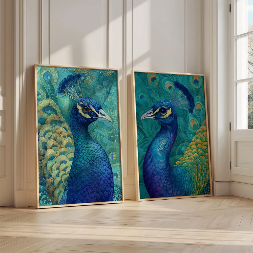 Peacock wall art set with teal blue and gold exotic feather detail in wooden frame
