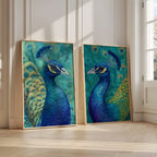 Peacock wall art set with teal blue and gold exotic feather detail in wooden frame