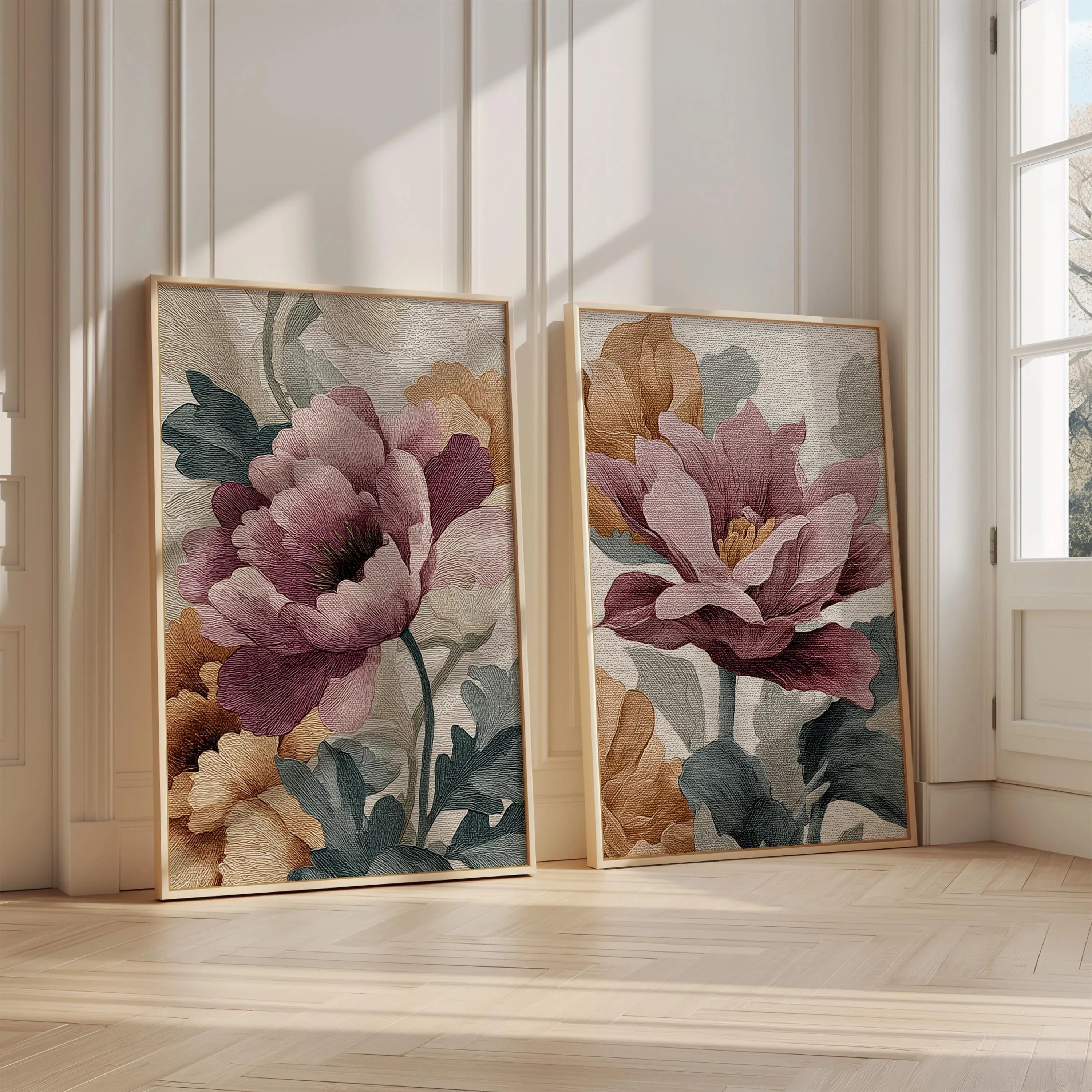 Peony botanical vintage floral wall art set with dusty rose and ivory blooms