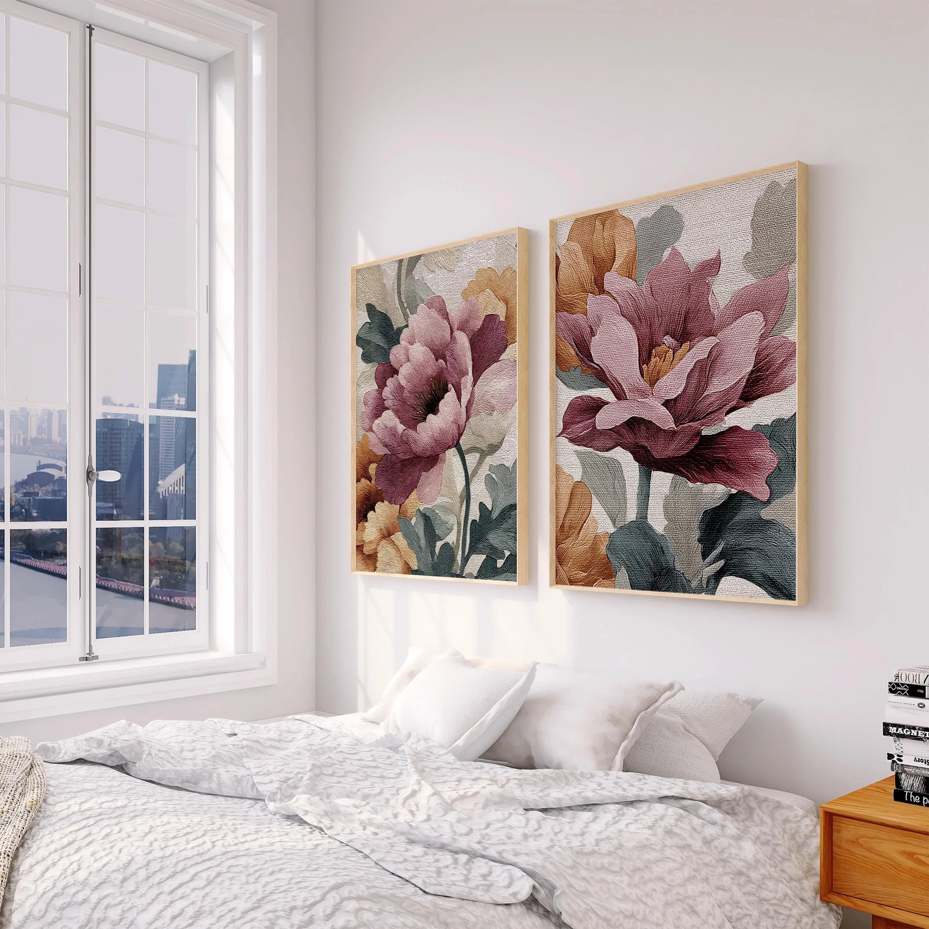 Peony botanical vintage floral wall art set with dusty rose and ivory blooms