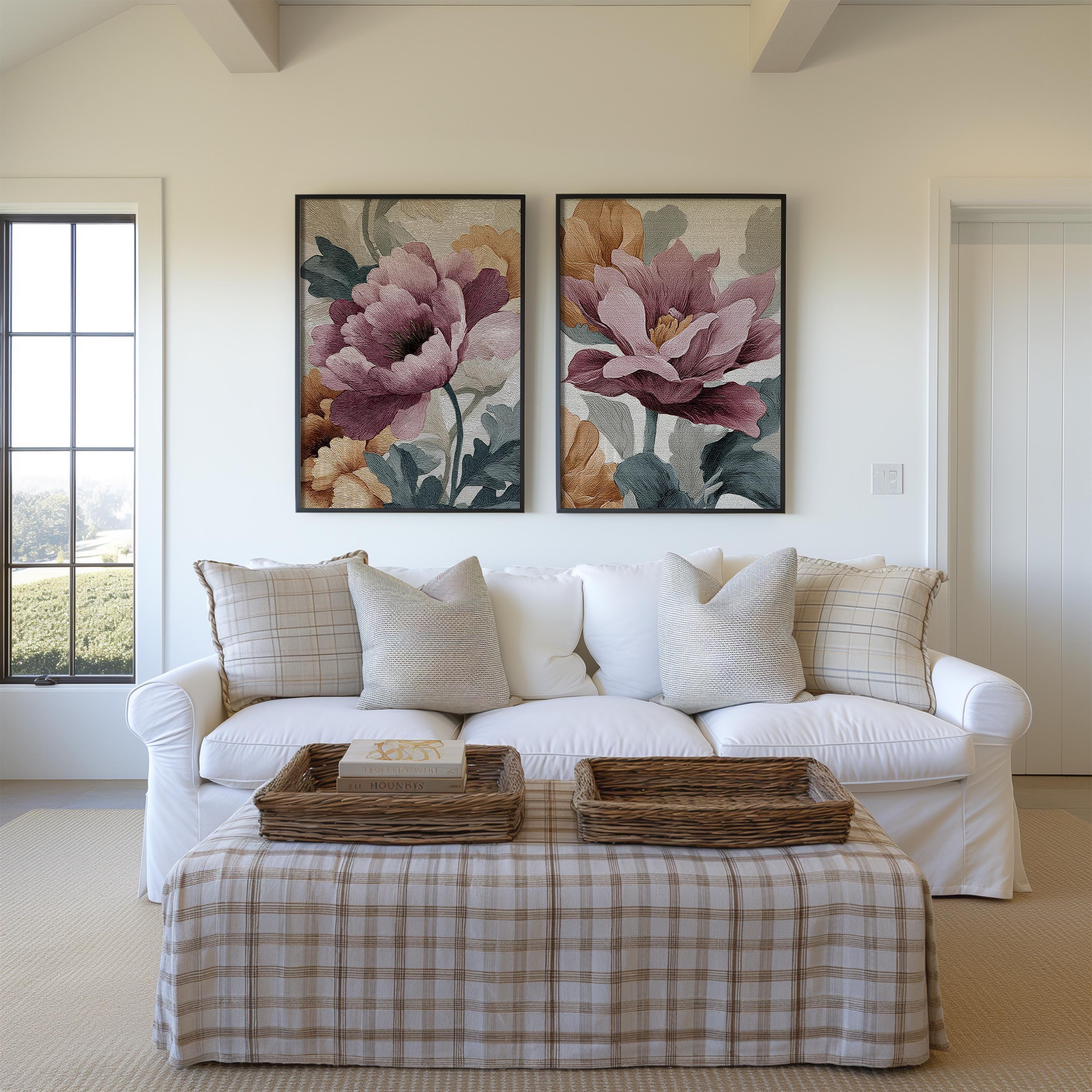 Peony botanical vintage floral wall art set with dusty rose and ivory blooms
