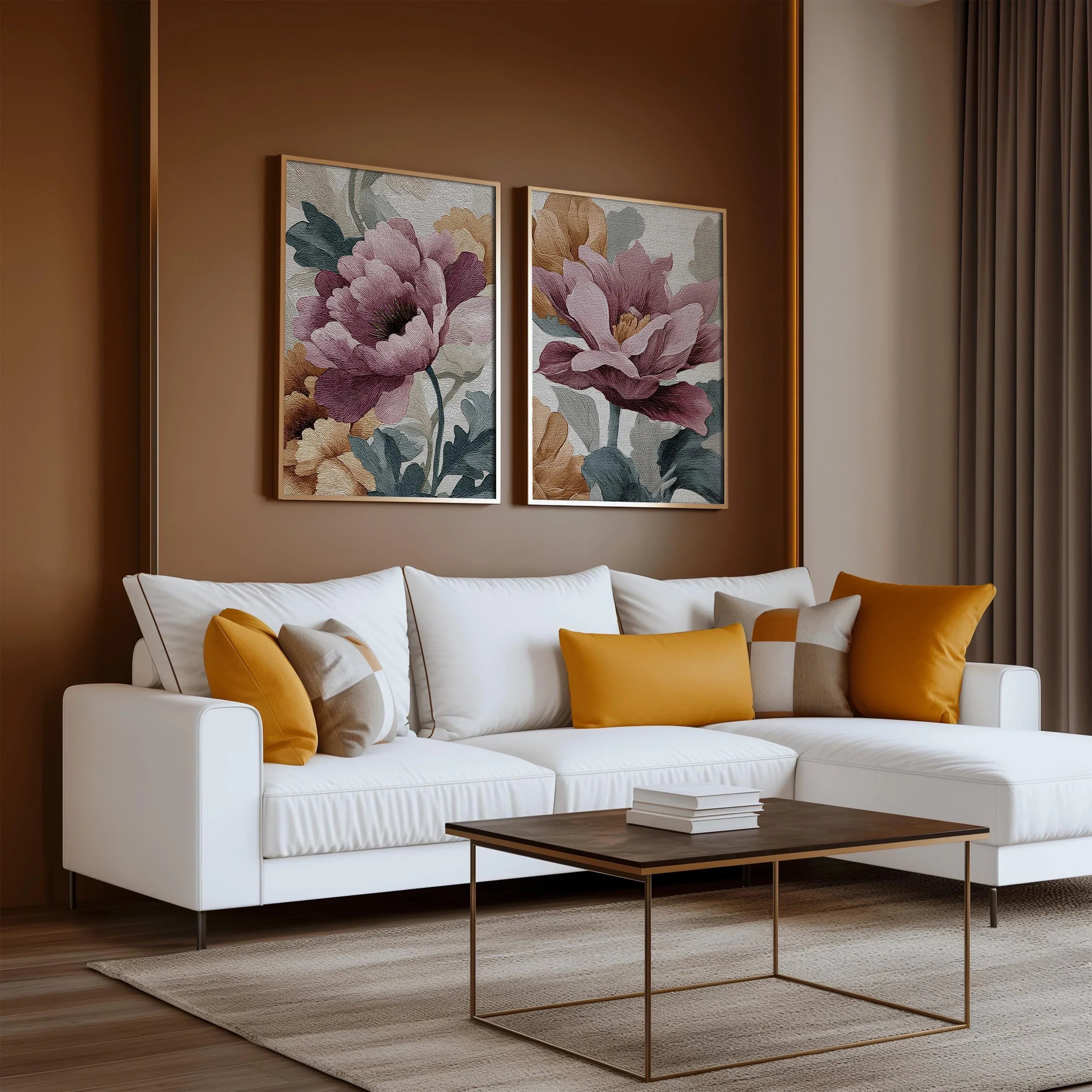 Peony botanical vintage floral wall art set with dusty rose and ivory blooms