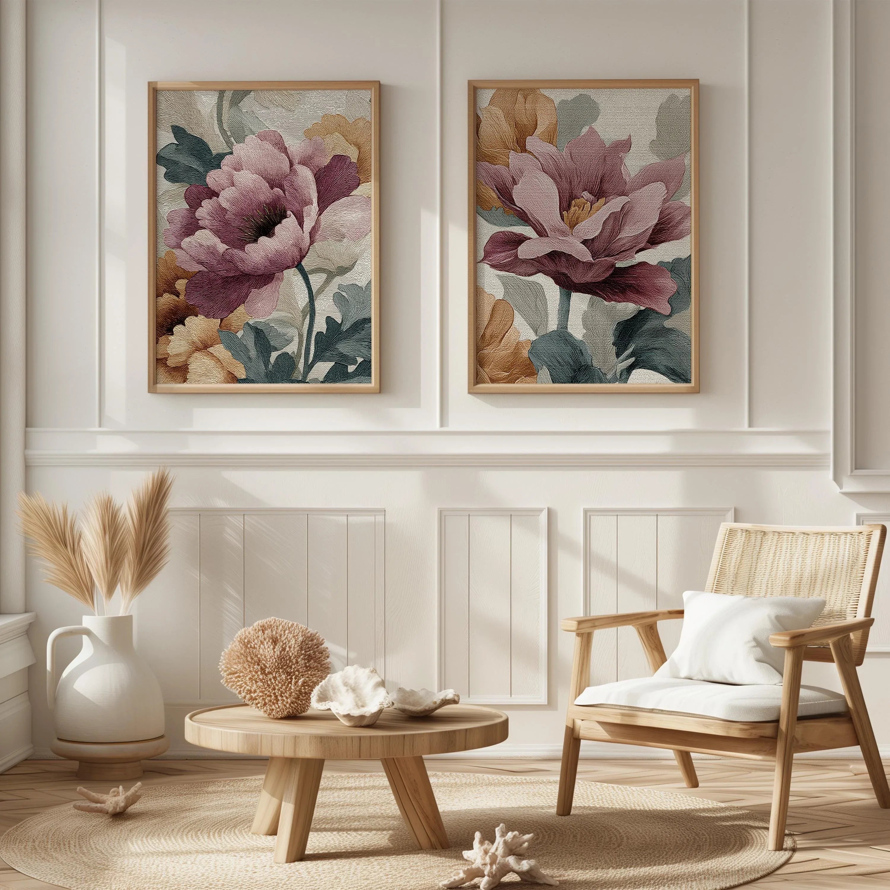 Peony botanical vintage floral wall art set with dusty rose and ivory blooms