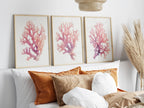 Pink coral watercolor wall art set of 3 with nautical purple-to-pink gradient coral branches
