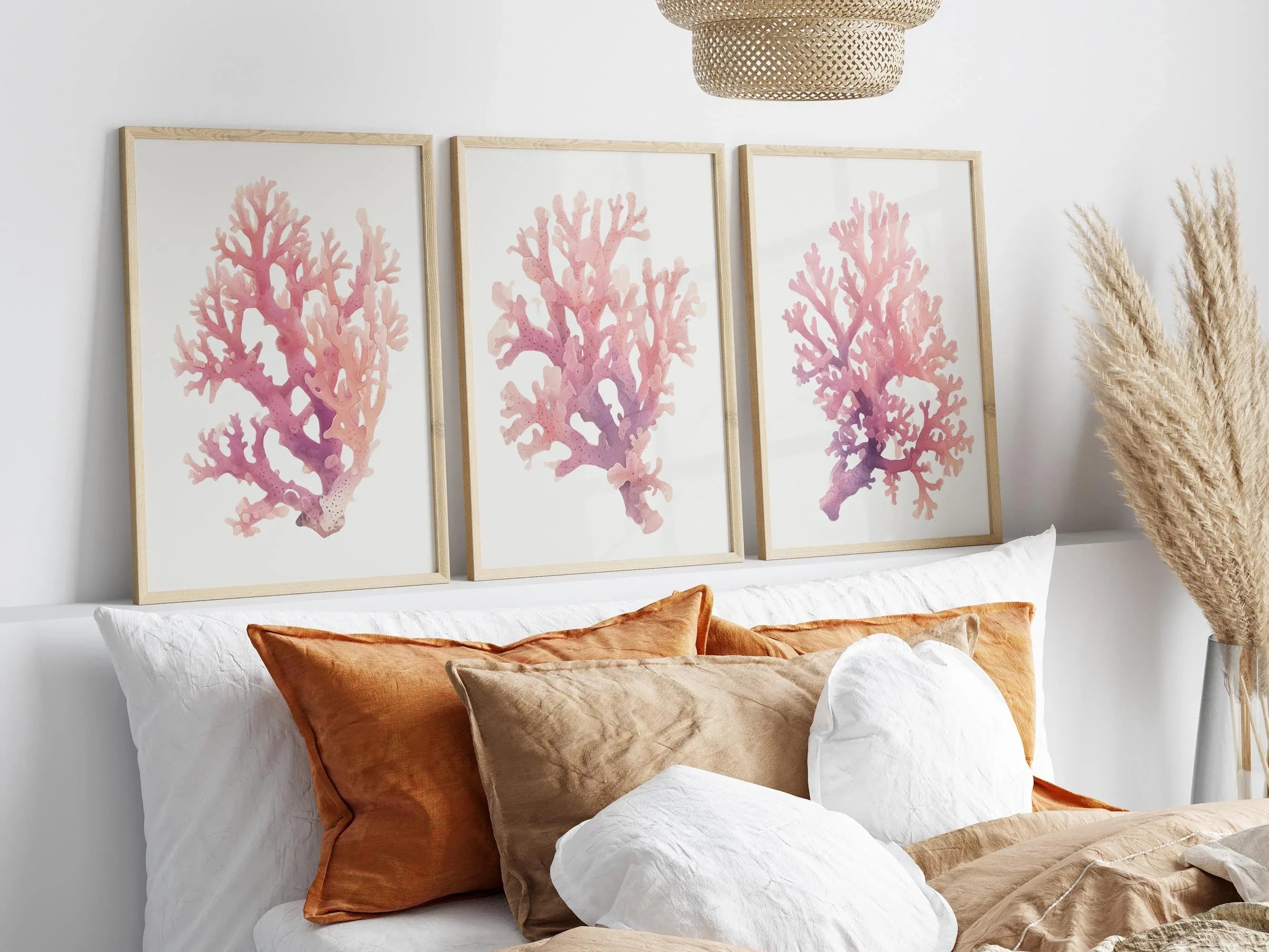Pink coral watercolor wall art set of 3 with nautical purple-to-pink gradient coral branches