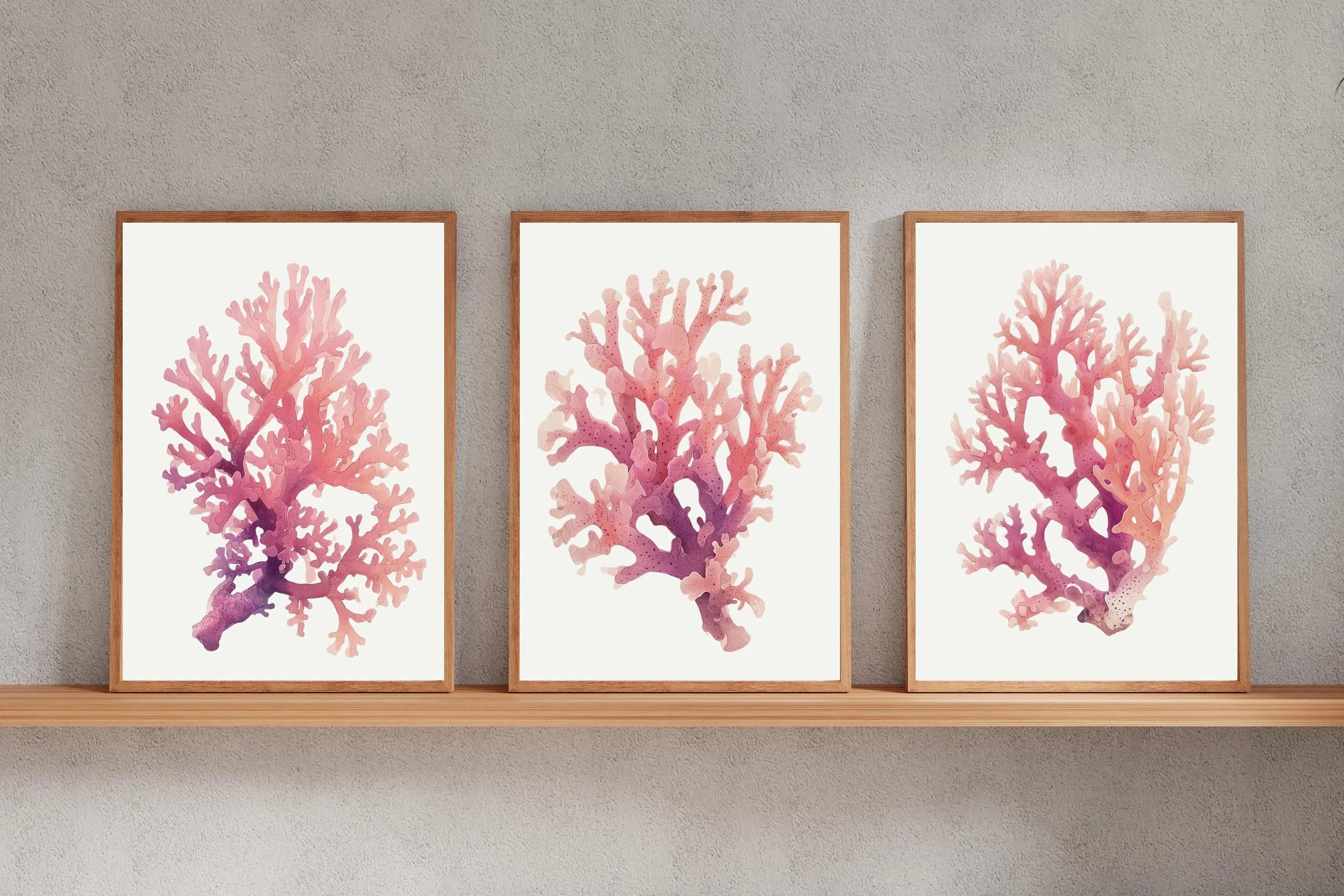 Pink coral watercolor wall art set of 3 with nautical purple-to-pink gradient coral branches