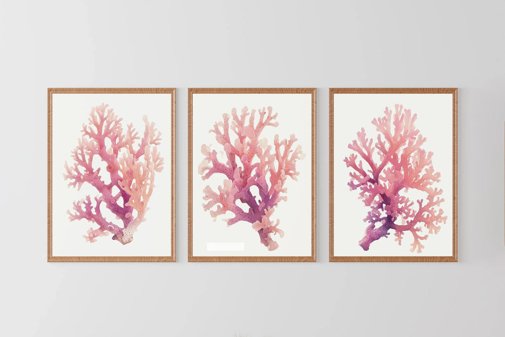 Pink coral watercolor wall art set of 3 with nautical purple-to-pink gradient coral branches