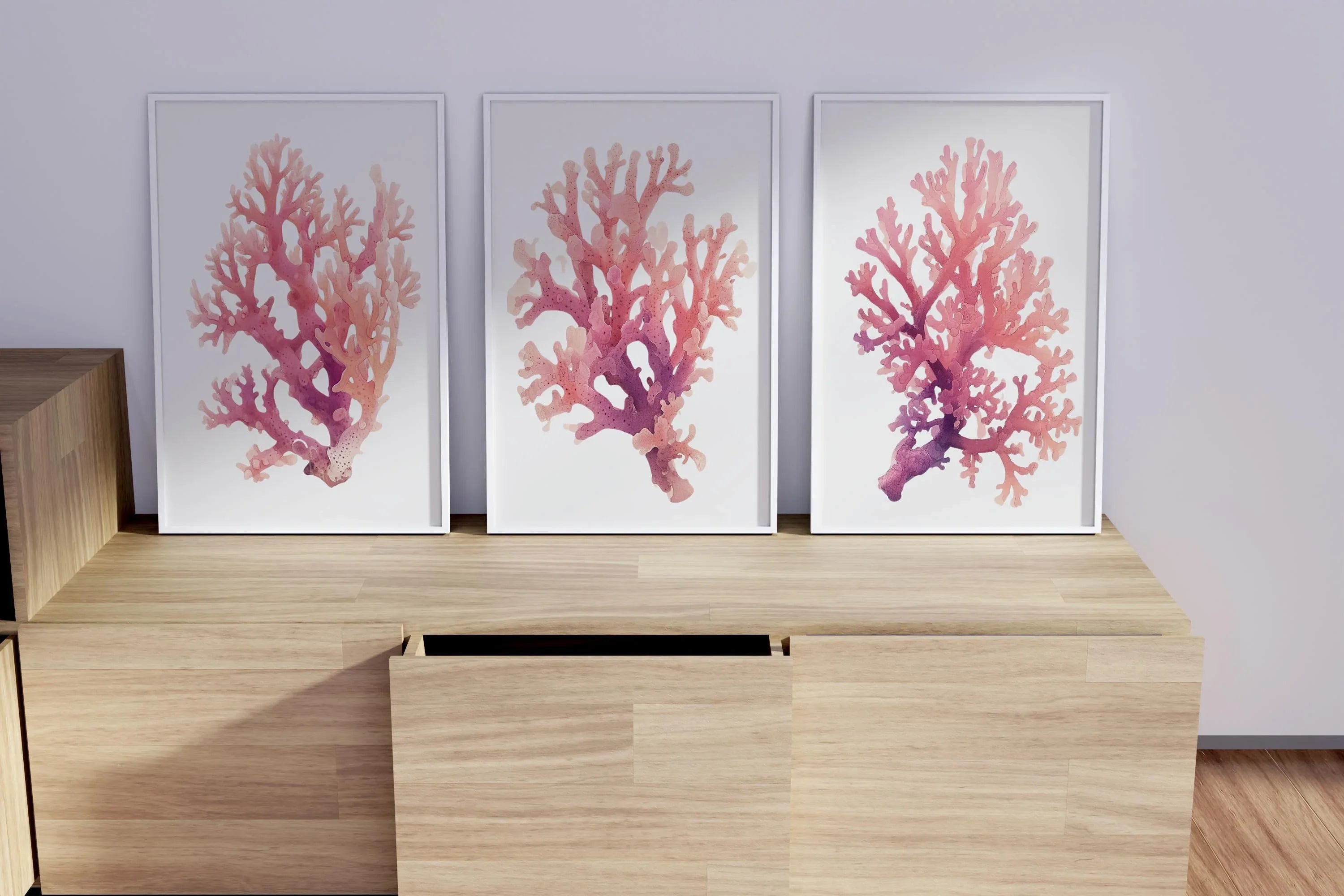 Pink coral watercolor wall art set of 3 with nautical purple-to-pink gradient coral branches
