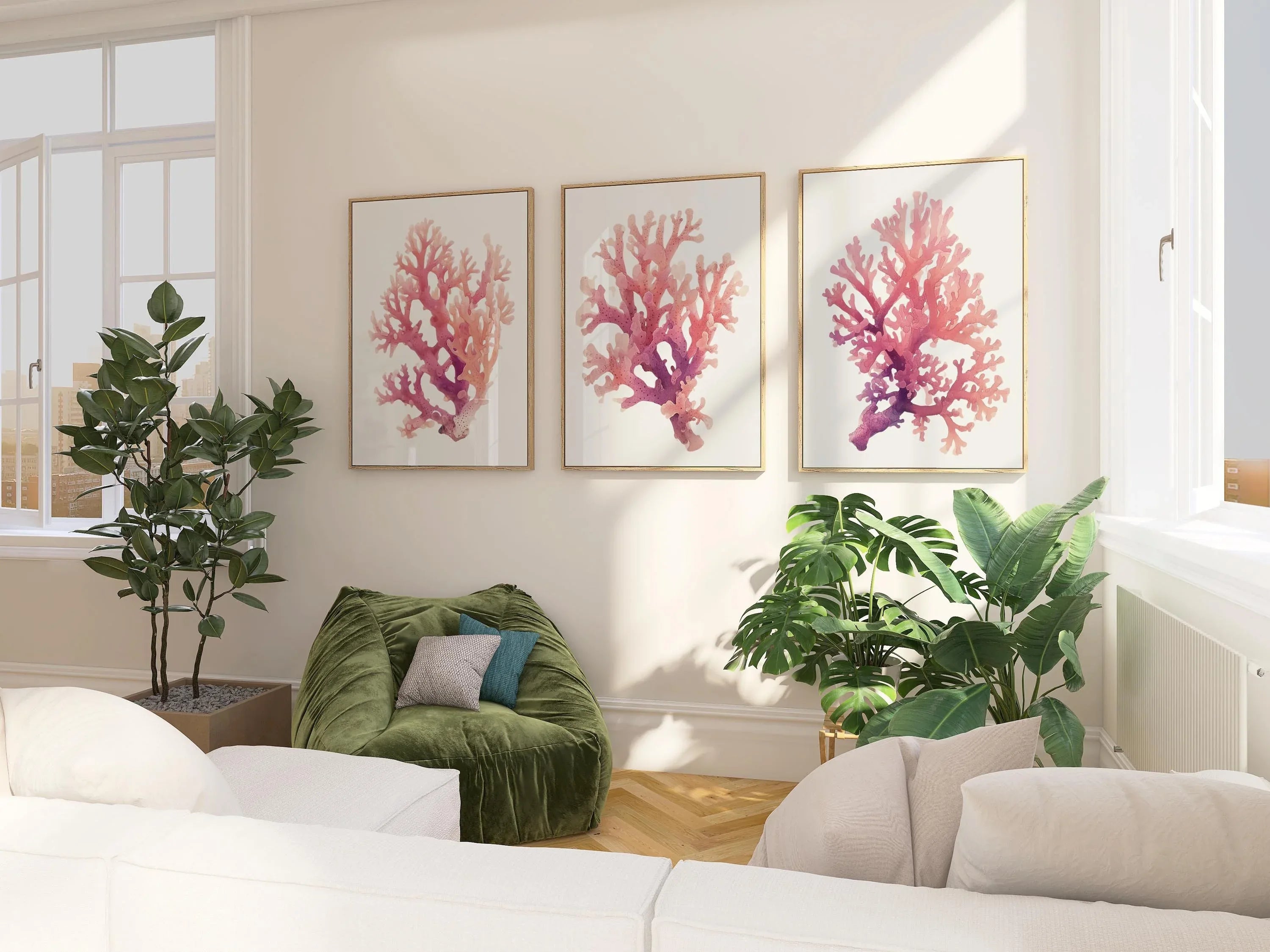 Pink coral watercolor wall art set of 3 with nautical purple-to-pink gradient coral branches