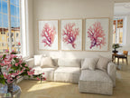 Pink coral watercolor wall art set of 3 with nautical purple-to-pink gradient coral branches