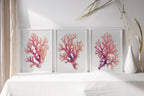 Pink coral watercolor wall art set of 3 with nautical purple-to-pink gradient coral branches
