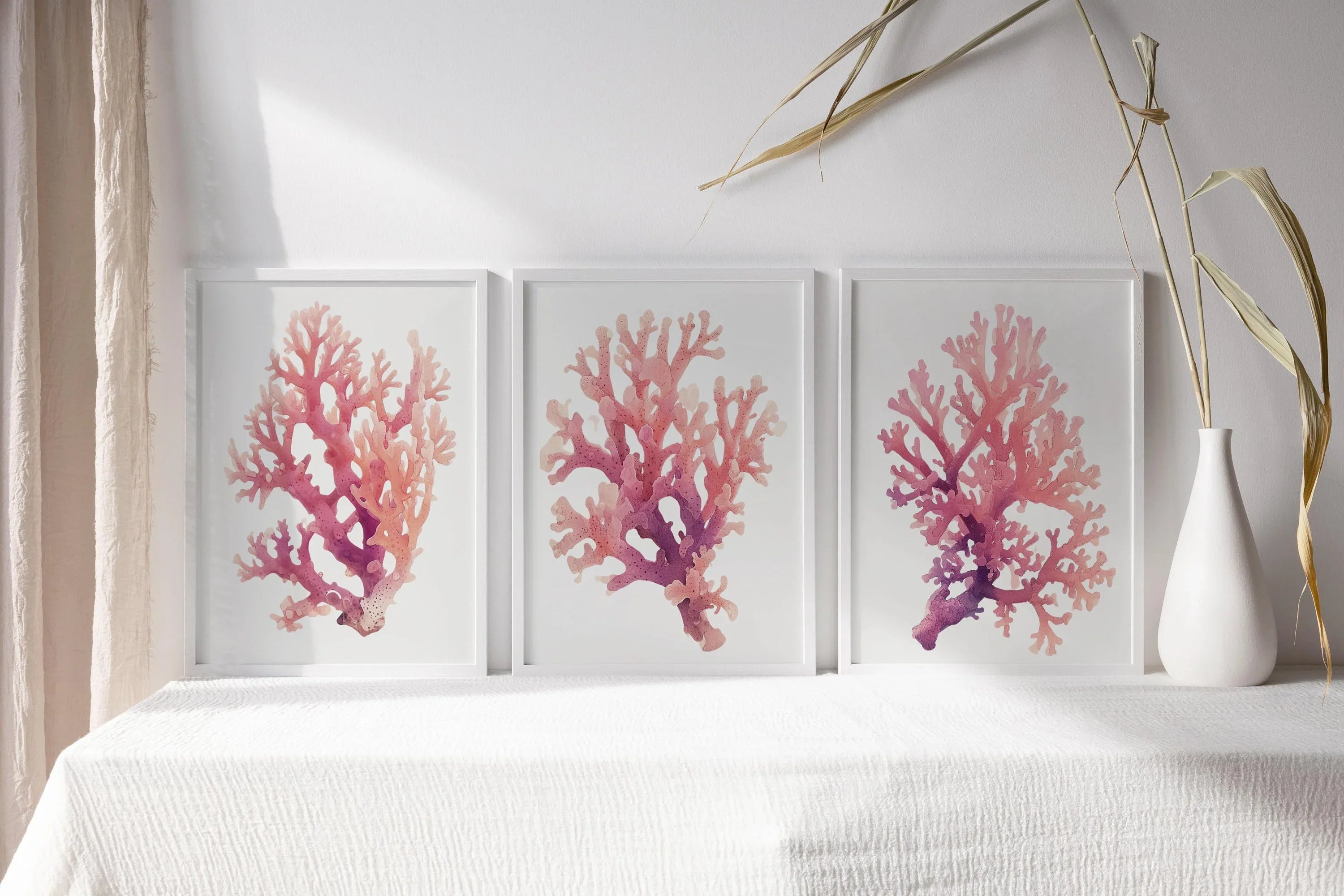Pink coral watercolor wall art set of 3 with nautical purple-to-pink gradient coral branches