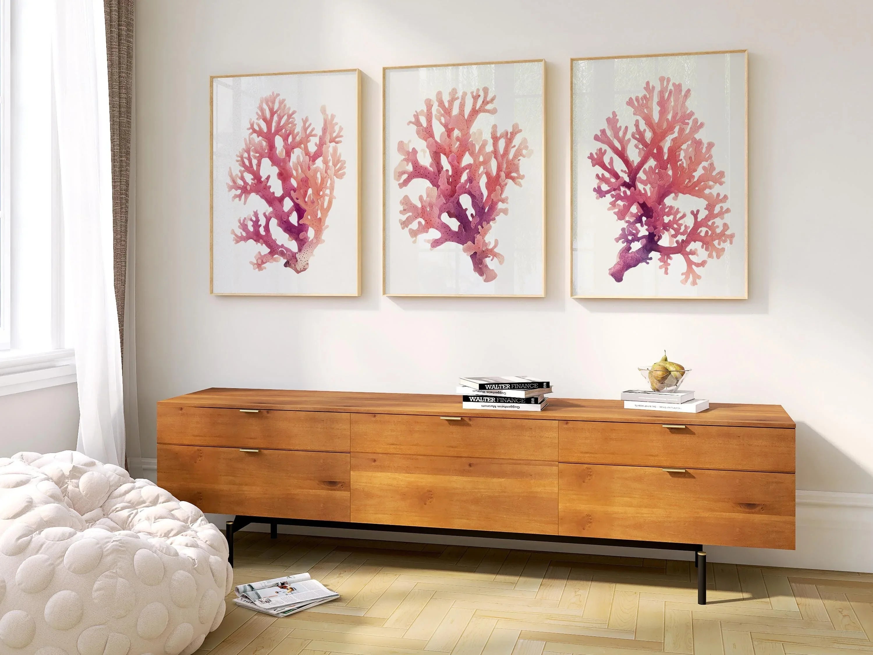Pink coral watercolor wall art set of 3 with nautical purple-to-pink gradient coral branches