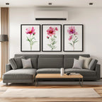 Pink cosmos flower watercolor wall art set of 3 with delicate botanical blossoms