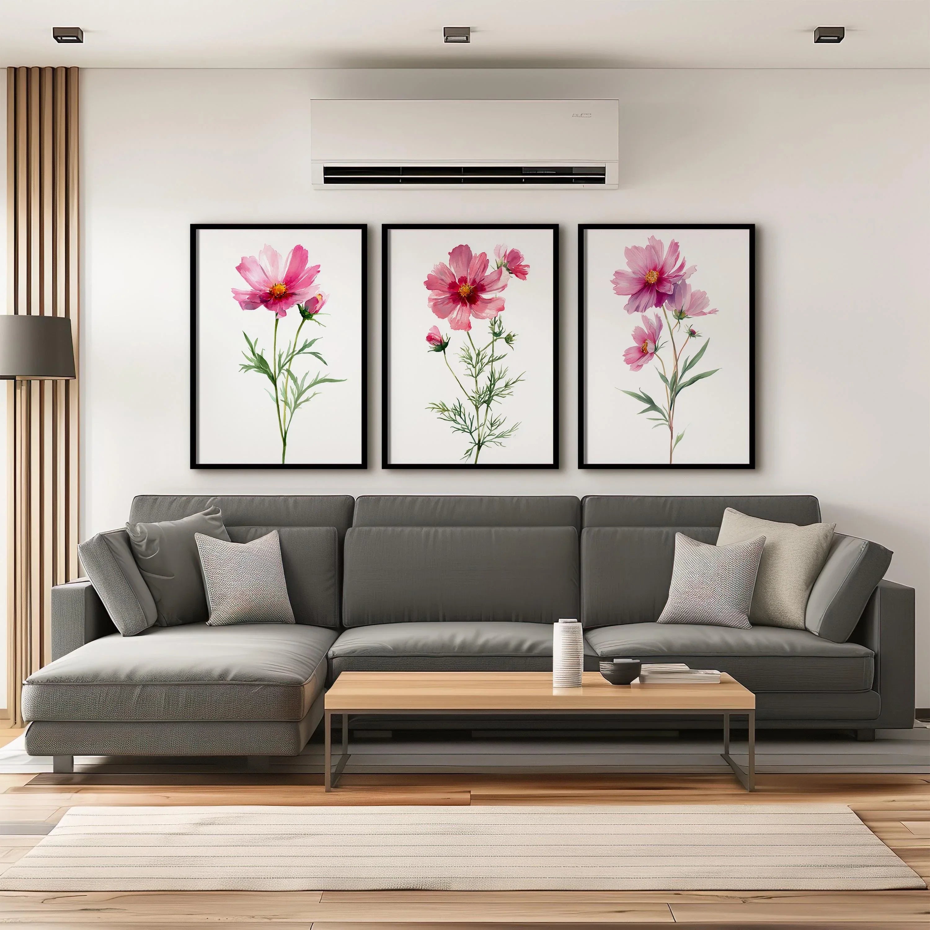Pink cosmos flower watercolor wall art set of 3 with delicate botanical blossoms