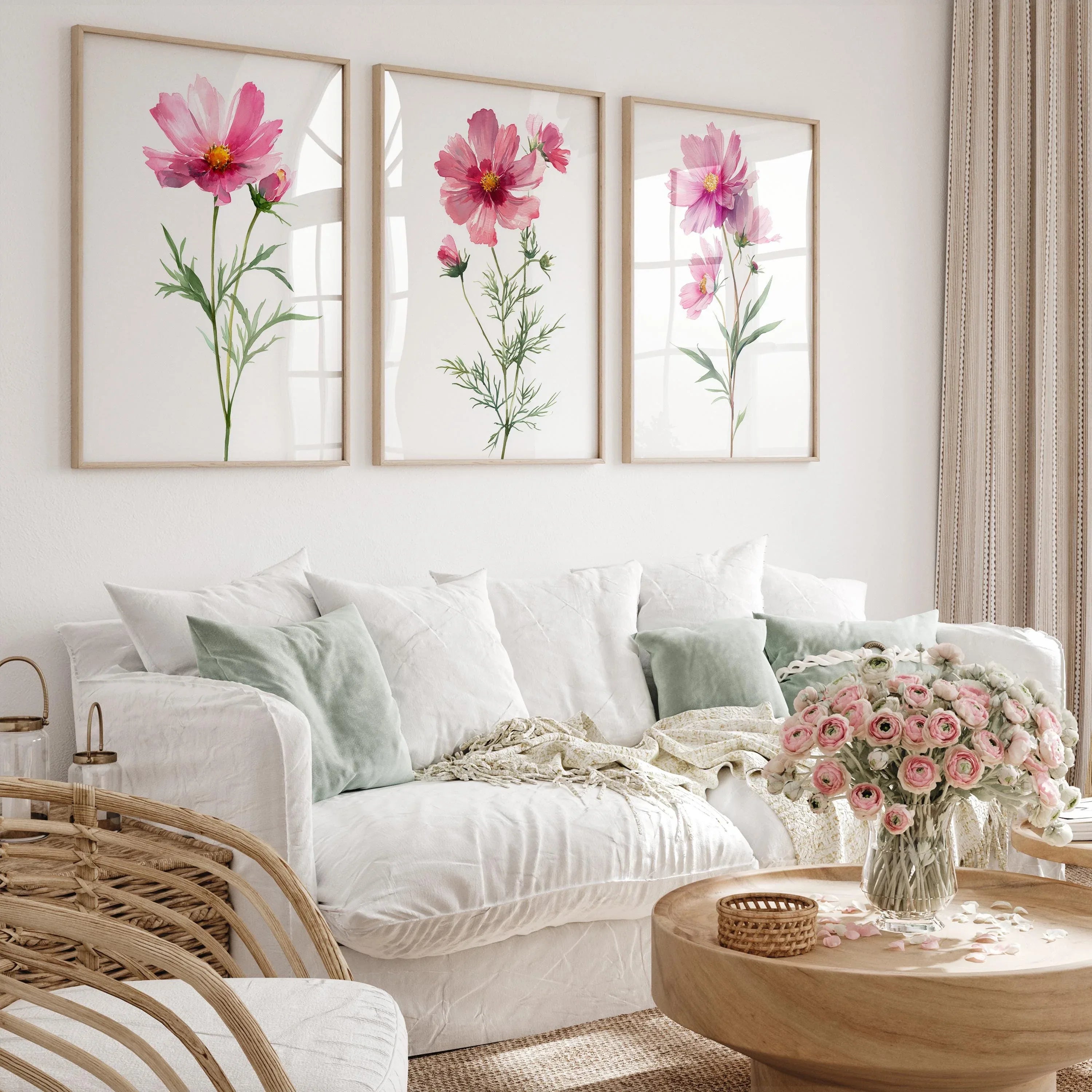 Pink cosmos flower watercolor wall art set of 3 with delicate botanical blossoms
