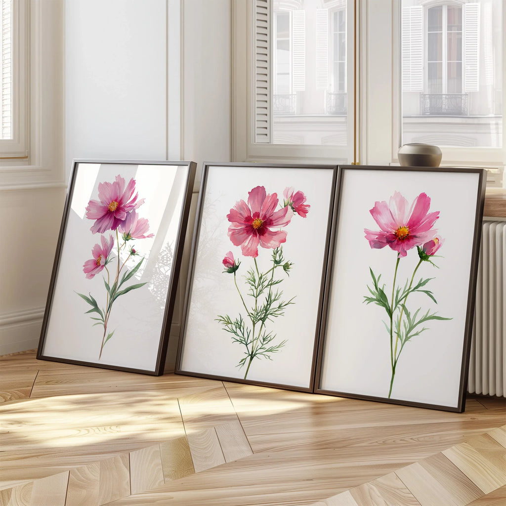 Pink cosmos flower watercolor wall art set of 3 with delicate botanical blossoms