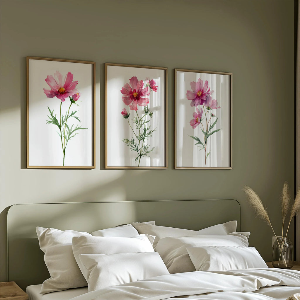 Pink cosmos flower watercolor wall art set of 3 with delicate botanical blossoms