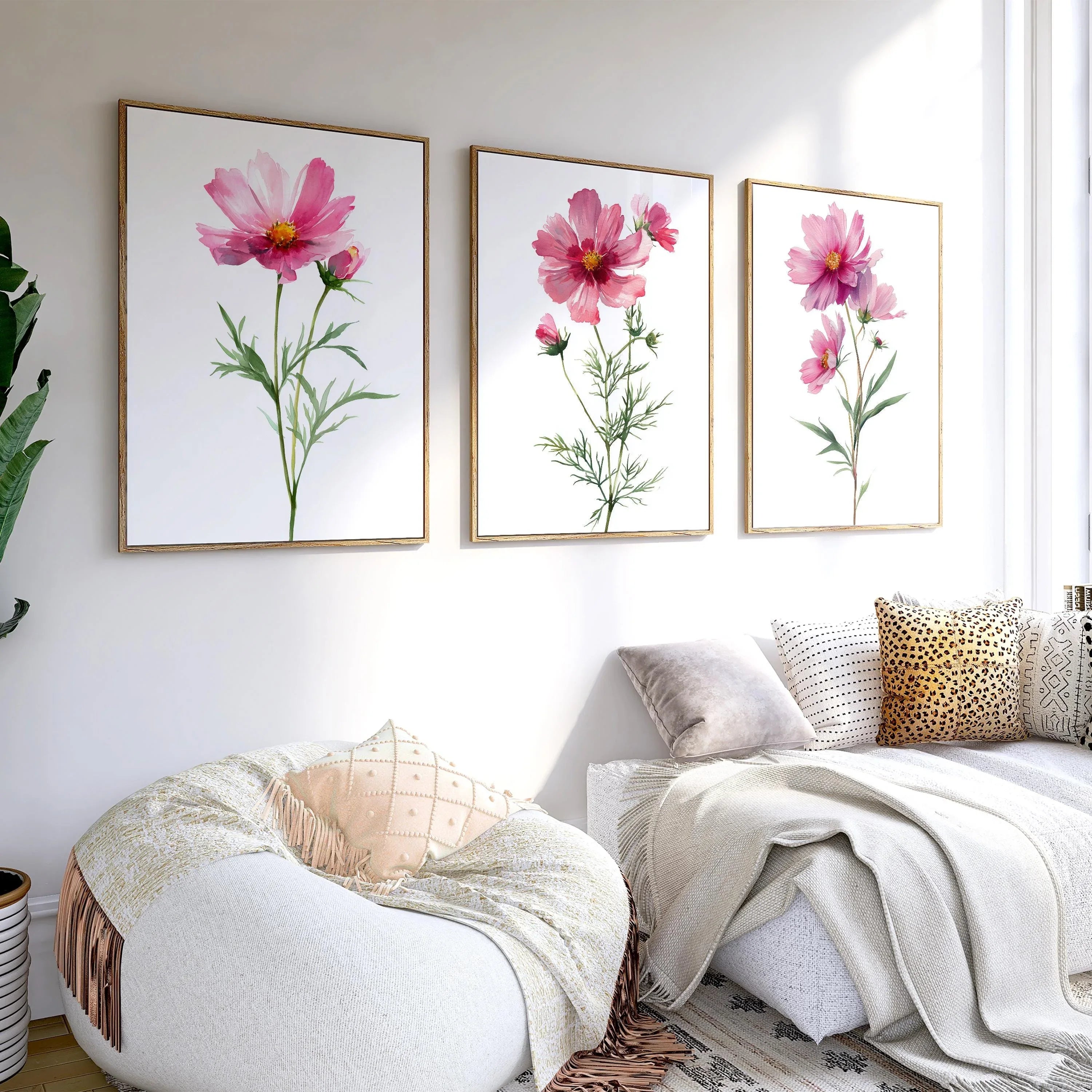Pink cosmos flower watercolor wall art set of 3 with delicate botanical blossoms