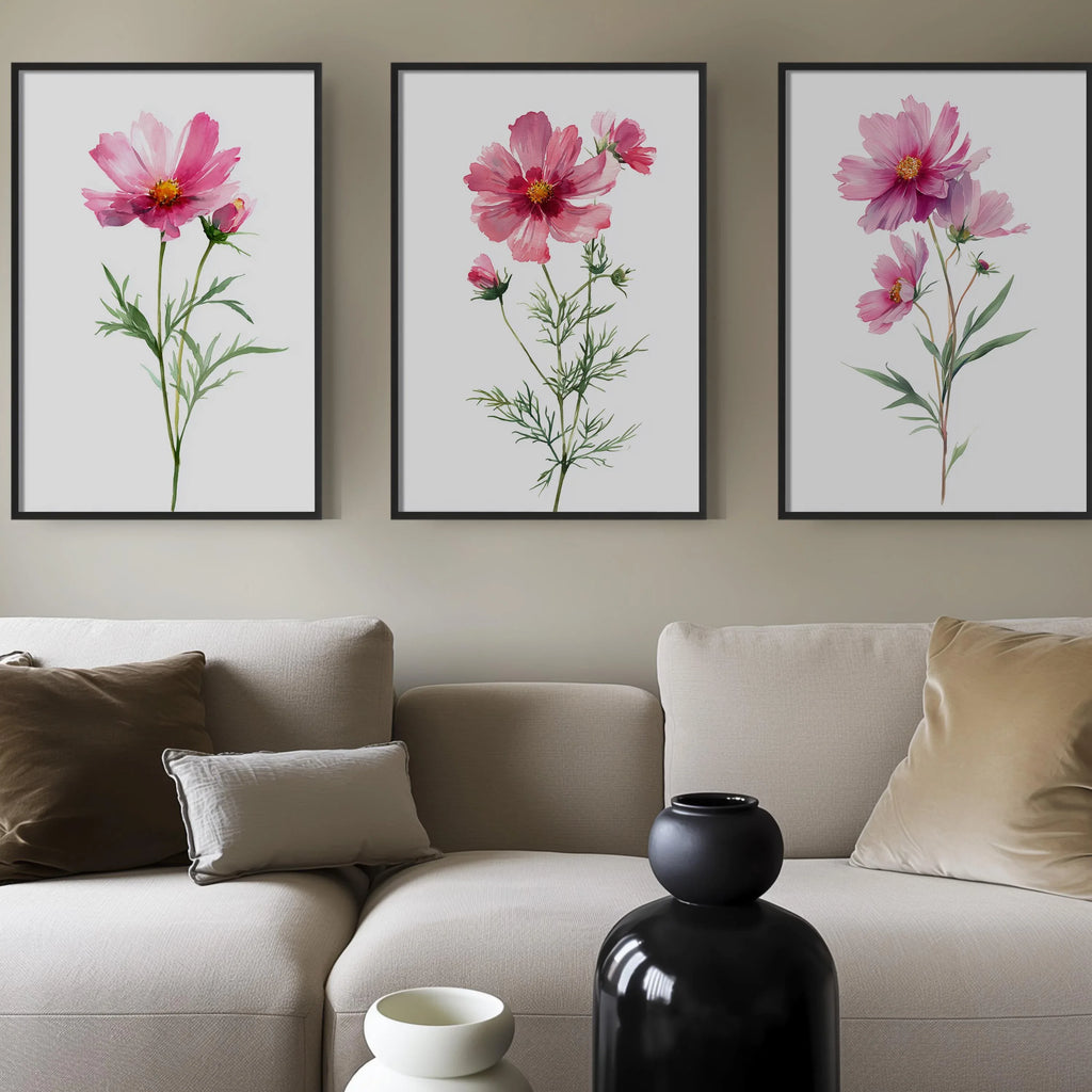 Pink cosmos flower watercolor wall art set of 3 with delicate botanical blossoms