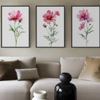 Pink cosmos flower watercolor wall art set of 3 with delicate botanical blossoms