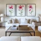 Pink cosmos flower watercolor wall art set of 3 with delicate botanical blossoms