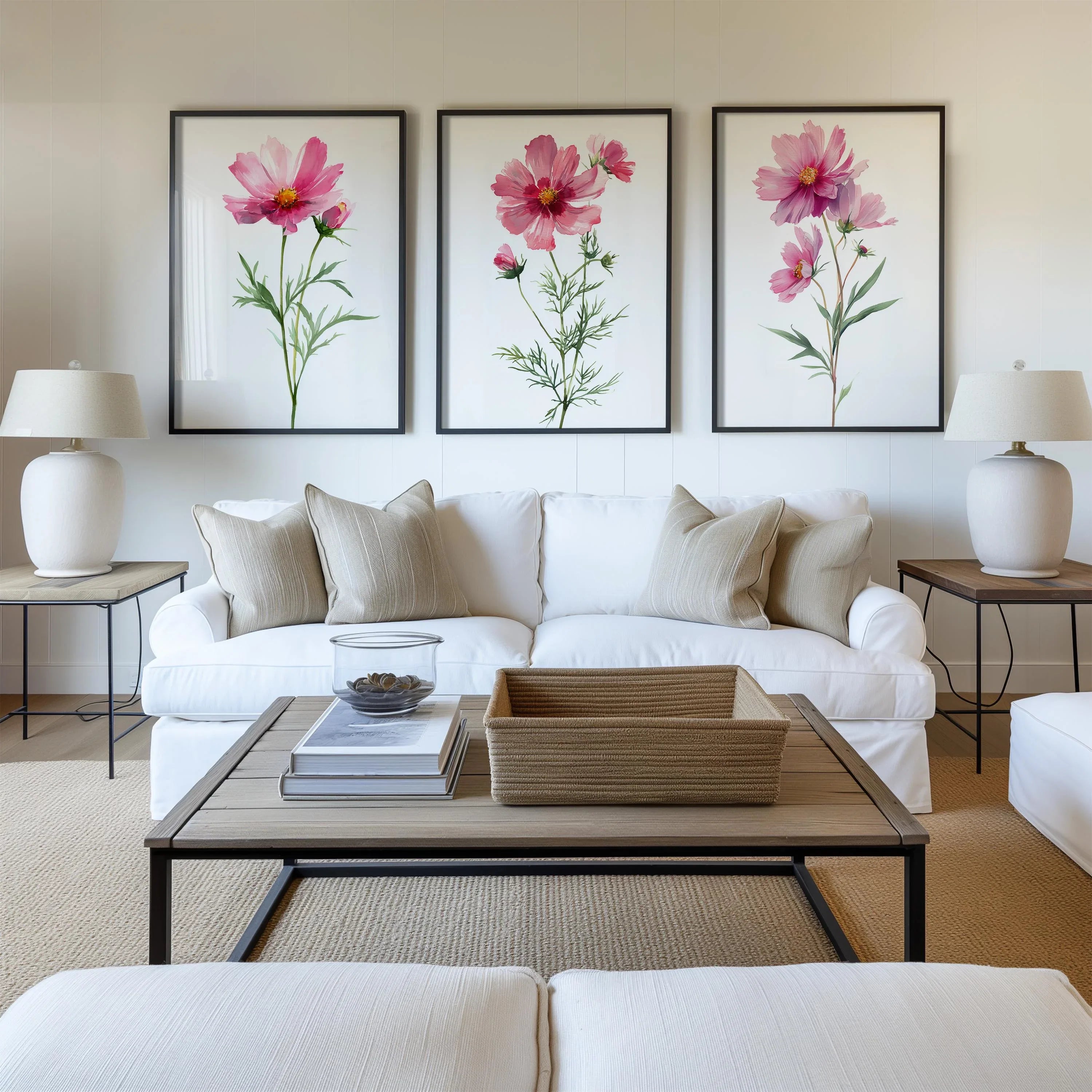 Pink cosmos flower watercolor wall art set of 3 with delicate botanical blossoms