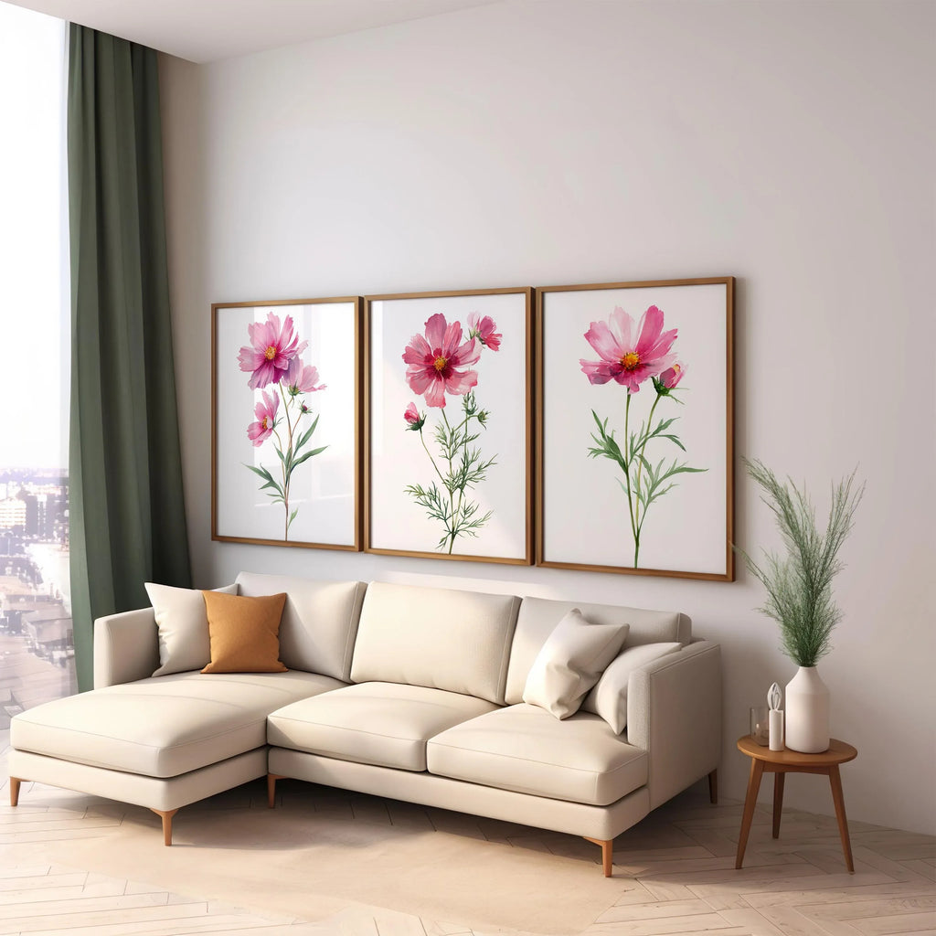 Pink cosmos flower watercolor wall art set of 3 with delicate botanical blossoms