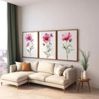 Pink cosmos flower watercolor wall art set of 3 with delicate botanical blossoms