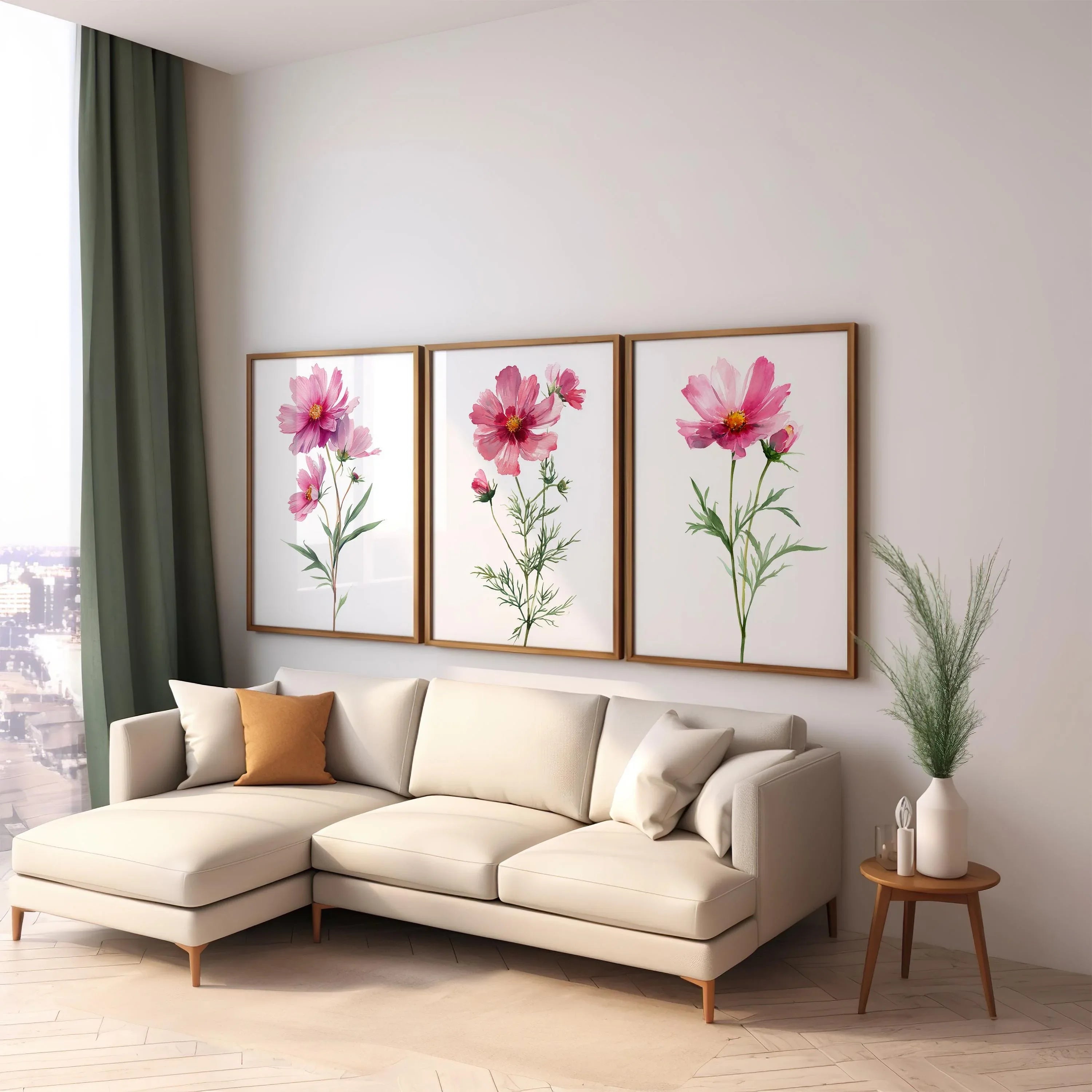 Pink cosmos flower watercolor wall art set of 3 with delicate botanical blossoms