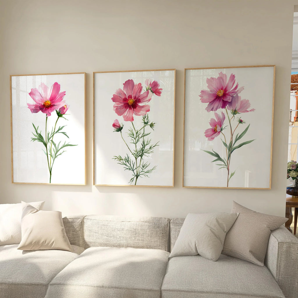 Pink cosmos flower watercolor wall art set of 3 with delicate botanical blossoms