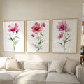 Pink cosmos flower watercolor wall art set of 3 with delicate botanical blossoms