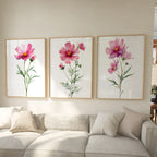 Pink cosmos flower watercolor wall art set of 3 with delicate botanical blossoms