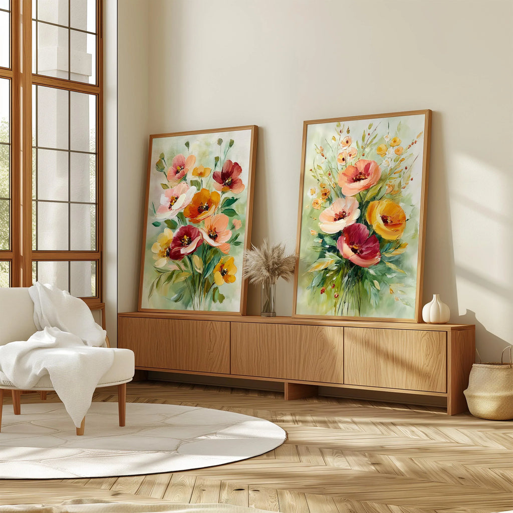 Watercolor poppy bouquet wall art set – soft pink and coral wildflower arrangement on white