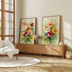 Watercolor poppy bouquet wall art set – soft pink and coral wildflower arrangement on white