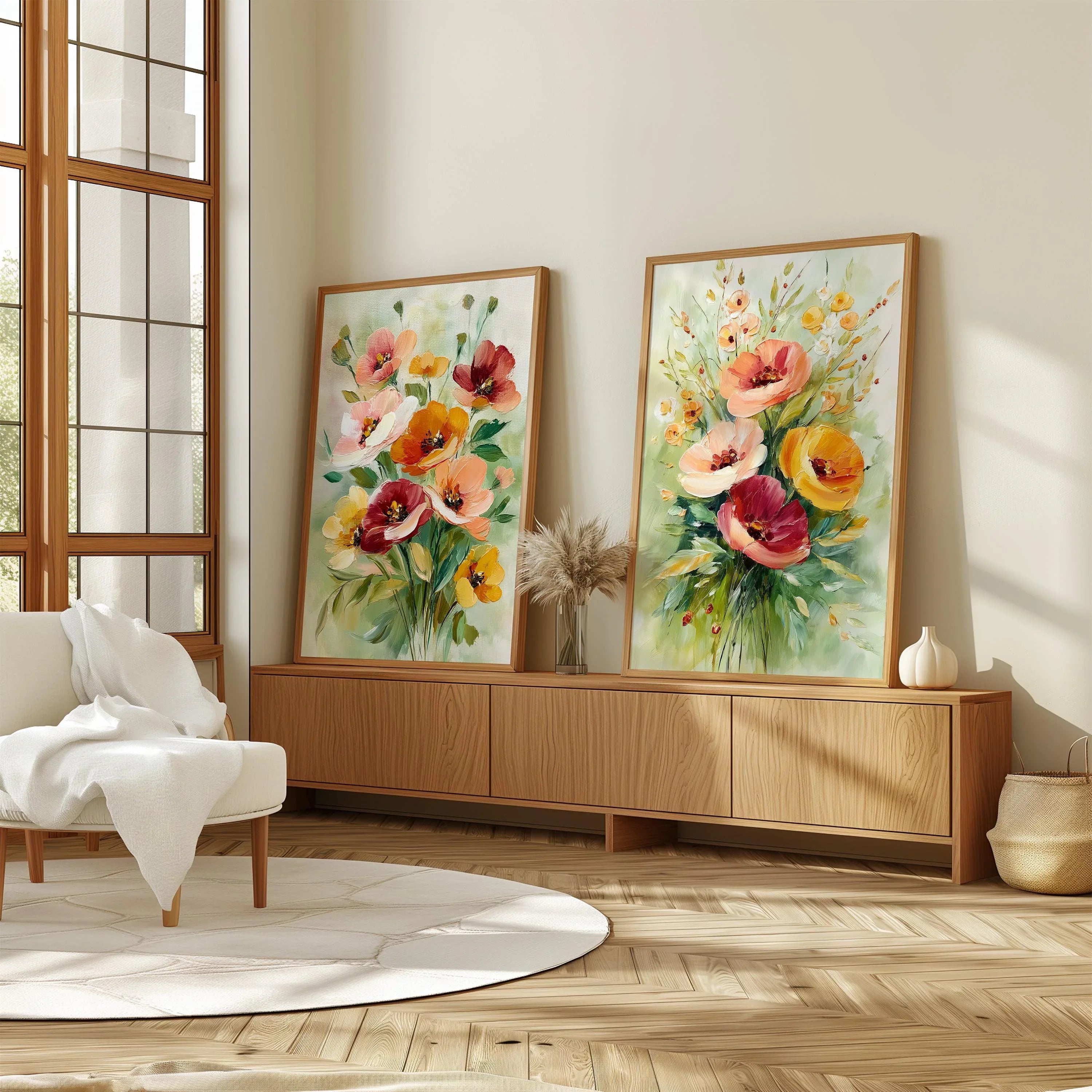 Watercolor poppy bouquet wall art set – soft pink and coral wildflower arrangement on white