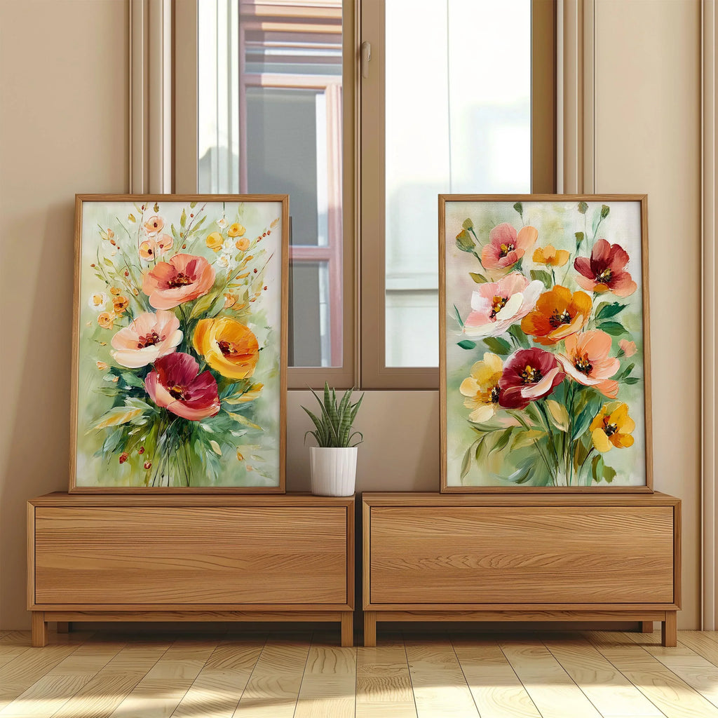 Watercolor poppy bouquet wall art set – soft pink and coral wildflower arrangement on white