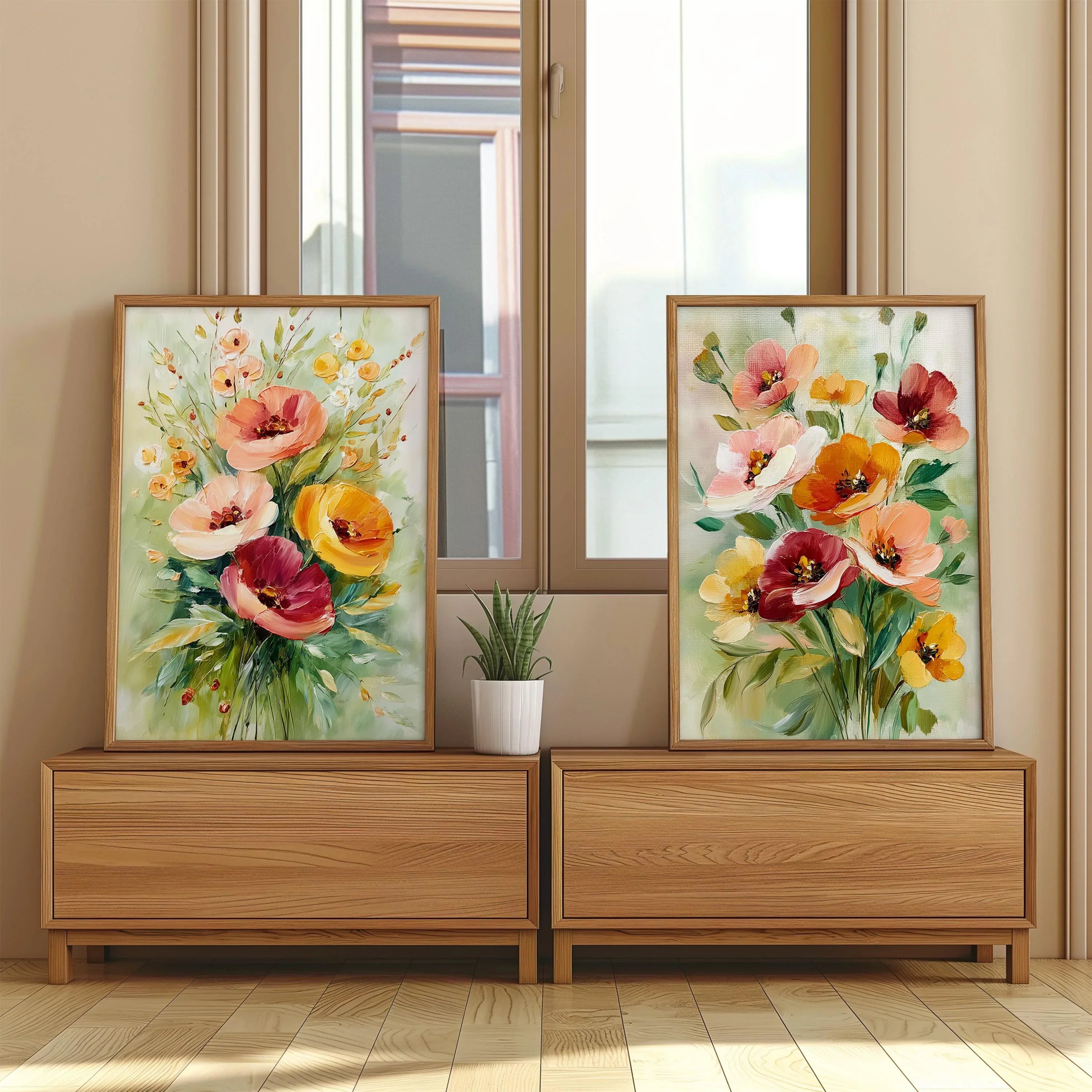 Watercolor poppy bouquet wall art set – soft pink and coral wildflower arrangement on white