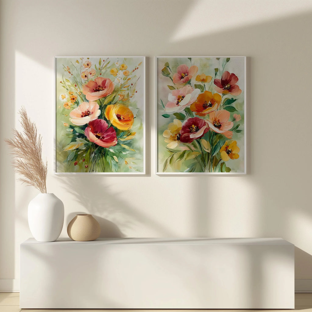 Watercolor poppy bouquet wall art set – soft pink and coral wildflower arrangement on white