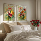 Watercolor poppy bouquet wall art set – soft pink and coral wildflower arrangement on white