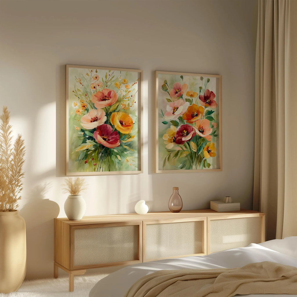 Watercolor poppy bouquet wall art set – soft pink and coral wildflower arrangement on white