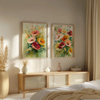 Watercolor poppy bouquet wall art set – soft pink and coral wildflower arrangement on white