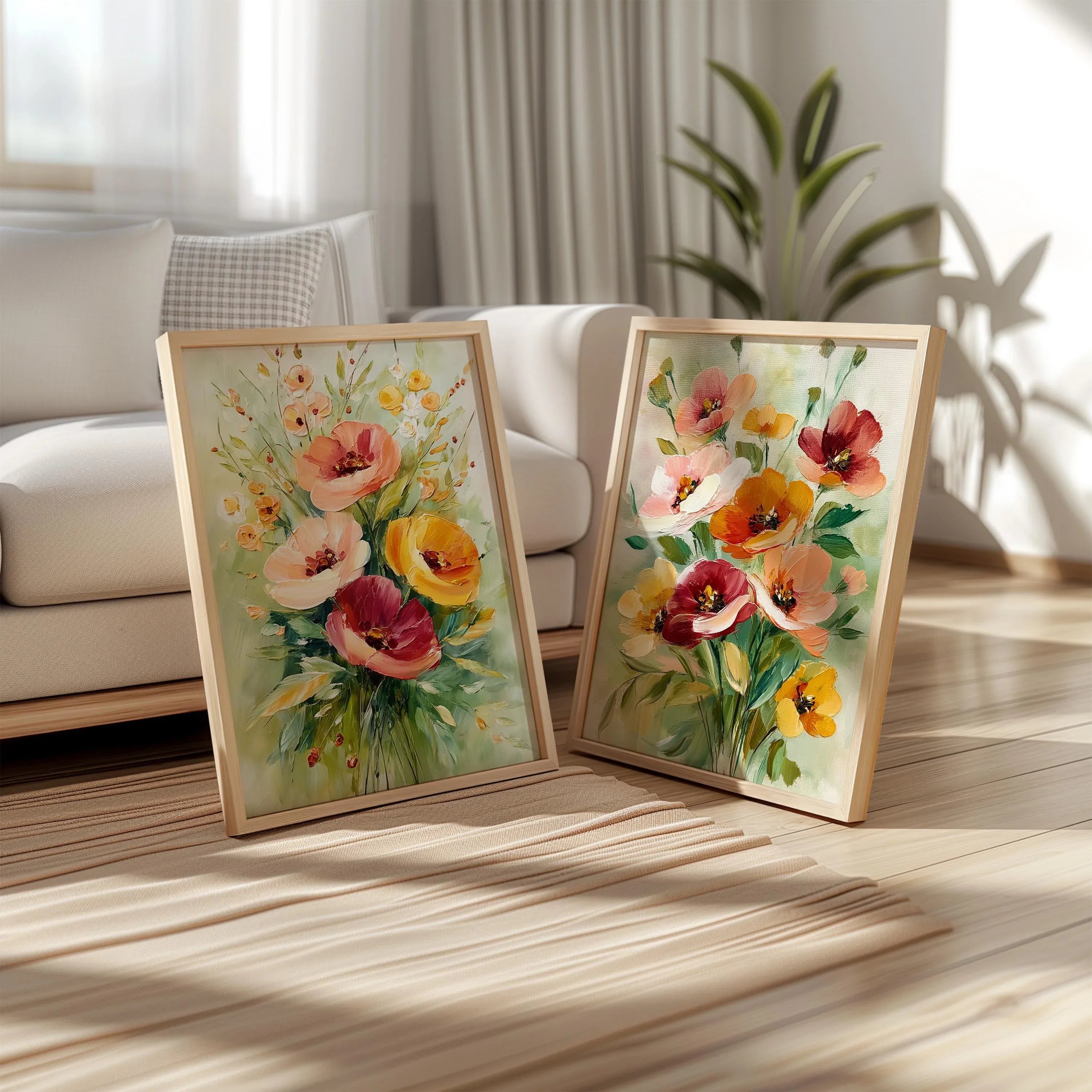 Watercolor poppy bouquet wall art set – soft pink and coral wildflower arrangement on white